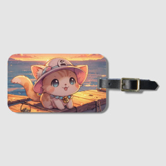 Süßes Chibi-Kätzchen beim Hafen-Sonnenuntergang –  Gepäckanhänger