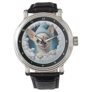 Süßes Chihuahua-Welpen-Winter-Szene-Bild Armbanduhr