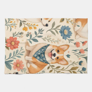 Süßes Corgi-Blumengarten-Muster Geschirrtuch