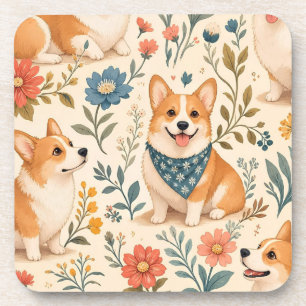 Süßes Corgi-Blumengarten-Muster Getränkeuntersetzer