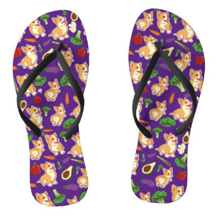 Süßes Corgi und Gemüse Essen Muster Lila Flip Flops