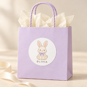 Süßes Creme-Häschen mit lila Schleife personalisie Runder Aufkleber