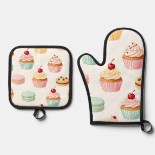 Süßes Cupcake-Macaron-Muster Ofenhandschuh & Topflappen-Set