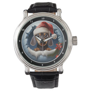 Süßes Dachshund-Welpen-Winter-Szene-Bild Armbanduhr