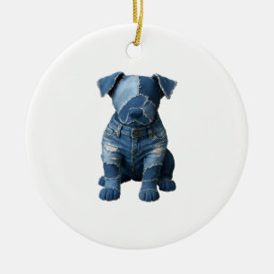 Süßes Denim-Patchwork-Kunst-Hund-T-Shirt Keramik Ornament