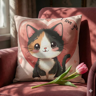 Süßes Dreifarbenkatzen-Herz-Valentinsdesign Kissen