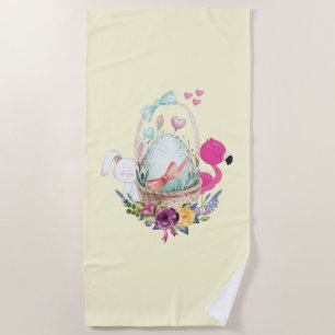 Süßes Ei, Rosa Flamingo & Hase, Aquarell Strandtuch