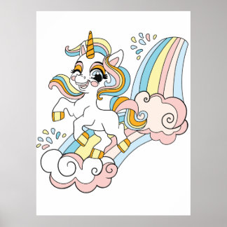 Süßes Einhorn auf einem Regenbogen Poster