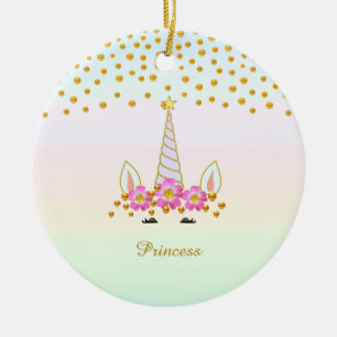 Süßes Einhorn, Blumen & Gold Konfetti Keramik Ornament
