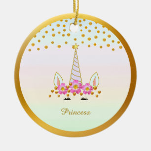 Süßes Einhorn, Blumen & Gold Konfetti Keramik Ornament