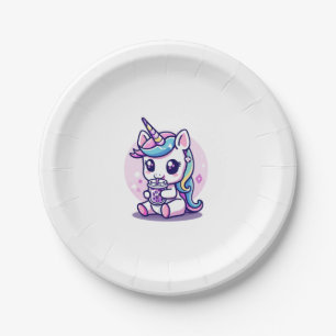 Süßes Einhorn, das Ramen-Nudelsuppe isst, Cute Gra Pappteller