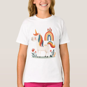 Süßes Einhorn mit Regenbogen und Schloss – Fantasy T-Shirt