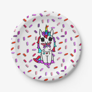 Süßes Einhorn mit Schmetterling auf der Nasen Zuck Pappteller