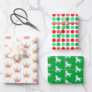 Süßes Einhorn & Punkte auf Grün & Weiß Geschenkpapier Set