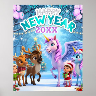 Süßes Einhorn- & Rentier-Neujahrsplakat für Kinder Poster