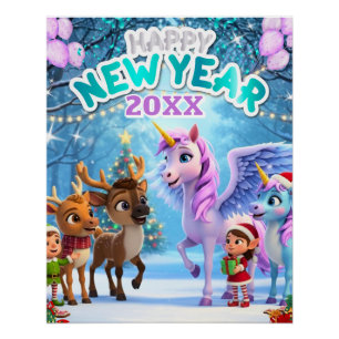 Süßes Einhorn & Rentier Neujahrsposter für Kinder Poster