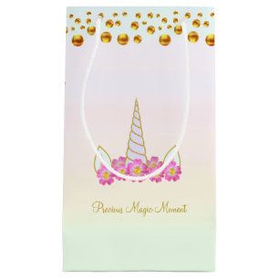 Süßes Einhorn, rosa Blumen & goldenes Konfetti Kleine Geschenktüte