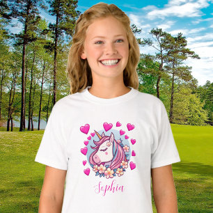 Süßes Einhorn, rosa Herzen & Blumen, benutzerdefin T-Shirt