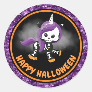 Süßes Einhorn-Skelett & lila Glitter Halloween Runder Aufkleber