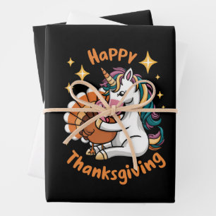 Süßes Einhorn umarmt Truthahn Frohes Erntedankfest Geschenkpapier Set