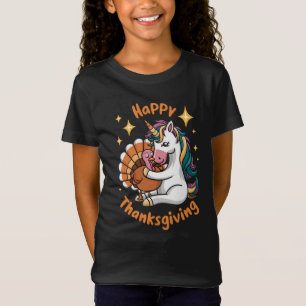 Süßes Einhorn umarmt Truthahn Frohes Erntedankfest T-Shirt