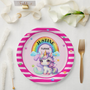 Süßes Einhorn und Regenbogen 3. Geburtstag Pappteller