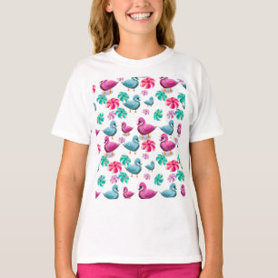 Süßes Enten-Blumenmuster Kawaii Rosa Blaue Enten T-Shirt
