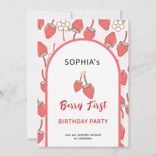 Süßes Erdbeeren & Blossom Einladung (Vorderseite)