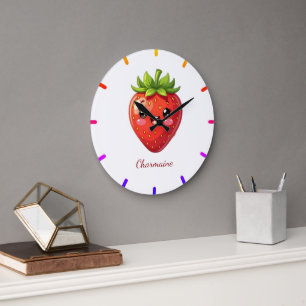 Süßes Erdbeeren-Kawaii-Monogramm Große Wanduhr