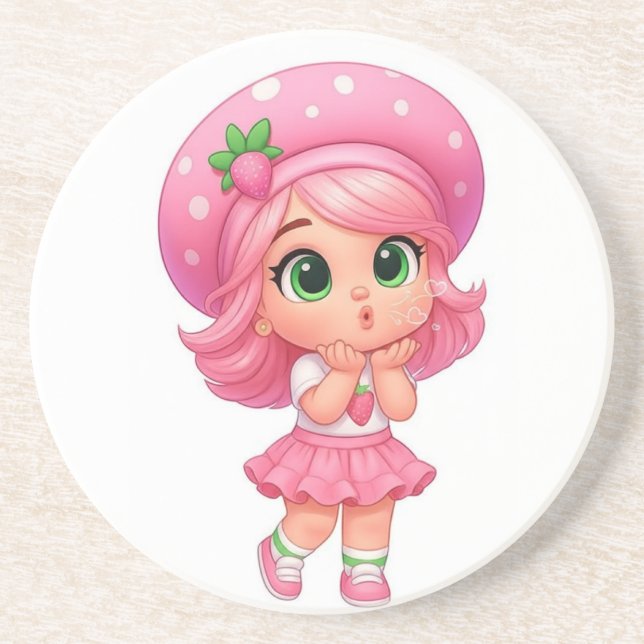 Süßes Erdbeermädchen Chibi Getränkeuntersetzer (Vorne)