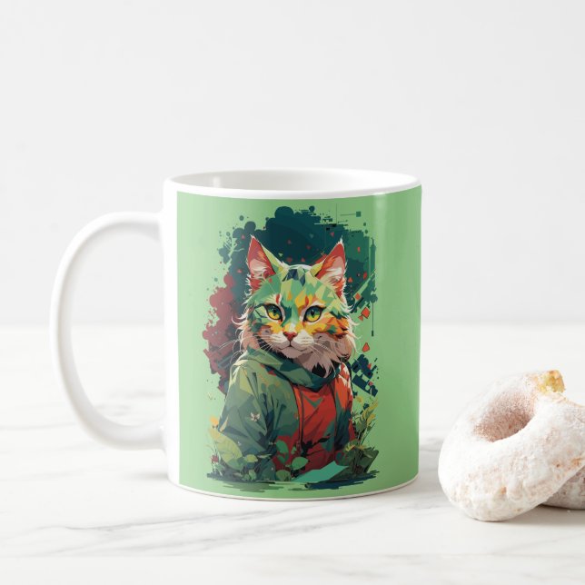 Süßes Fantasy-Farbklecks-Katzendesign Kaffeetasse (Mit Donut)