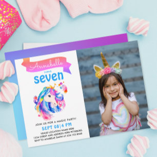 Süßes Farbige Einhorn Regenbogen Wasserfarben Foto Einladung