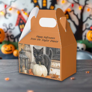 Süßes Farmhaus schwarze Katze und Kürbis Halloween Geschenkschachtel