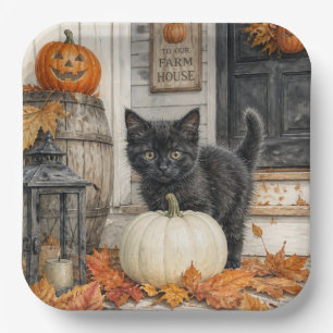 Süßes Farmhaus Schwarze Katze und Kürbis Halloween Pappteller