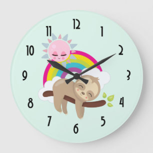 Süßes faules Faultier mit Sonne und Regenbogen Große Wanduhr