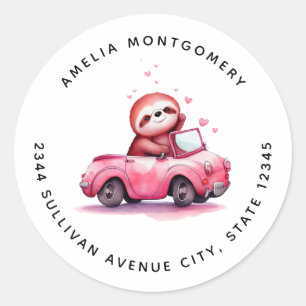 Süßes Faultier fährt Cabrio in Rosa - Adresse Runder Aufkleber