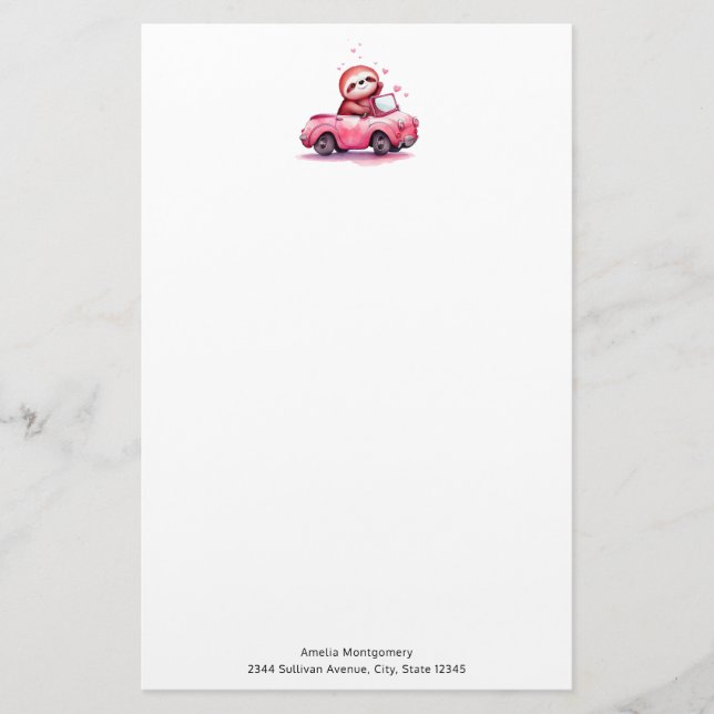 Süßes Faultier fährt Cabrio in Rosa Briefpapier (Vorderseite)
