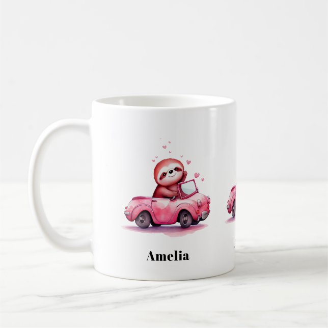 Süßes Faultier fährt Cabrio in Rosa Kaffeetasse (Links)