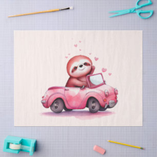 Süßes Faultier fährt Cabrio in Rosa Seidenpapier