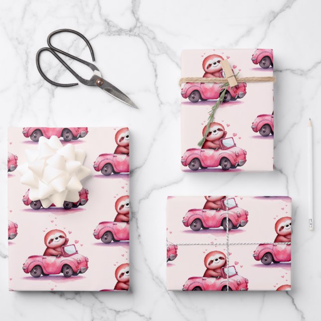 Süßes Faultier fährt ein rosa Cabrio Muster Geschenkpapier Set (Vorderseite)