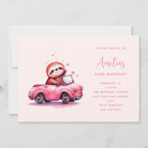 Süßes Faultier in einem rosa Cabrio zum Geburtstag