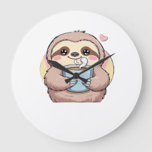 Süßes Faultier-Kaffeeliebhaber-Shirt � Lustig ange Große Wanduhr