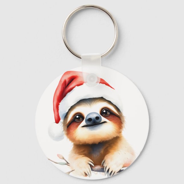 Süßes Faultier mit Weihnachtsmannmütze Schlüsselanhänger (Vorderseite)