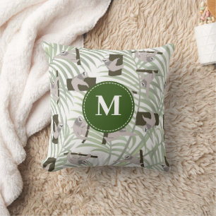 Süßes Faultier-Tiermuster im wilden Wald-Monogramm Kissen