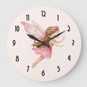 Süßes Feenmädchen in einem rosa Kleid, verspieltes Große Wanduhr