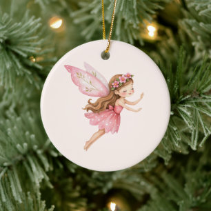 Süßes Feenmädchen in einem rosa Kleid - Whimsical Keramik Ornament