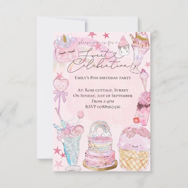 Süßes Feiern Aquarell Girl's Geburtstag Einladung (Vorderseite)