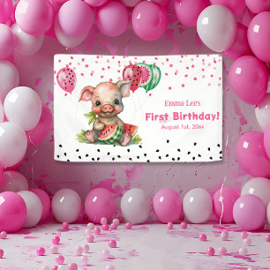 Süßes Ferkel isst Wassermelone zum Geburtstag Banner