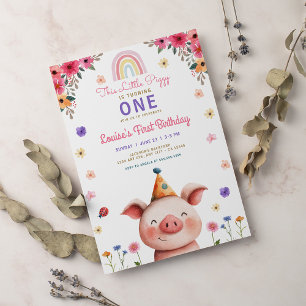 Süßes Ferkel Rosa Blumengrün Geburtstag  Einladung