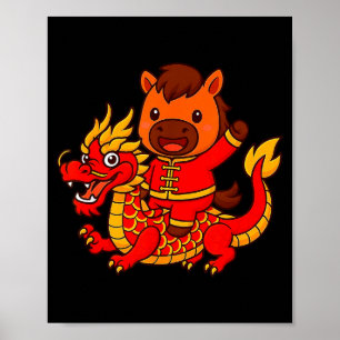 Süßes Feuerpferd, das einen chinesischen Drachen r Poster